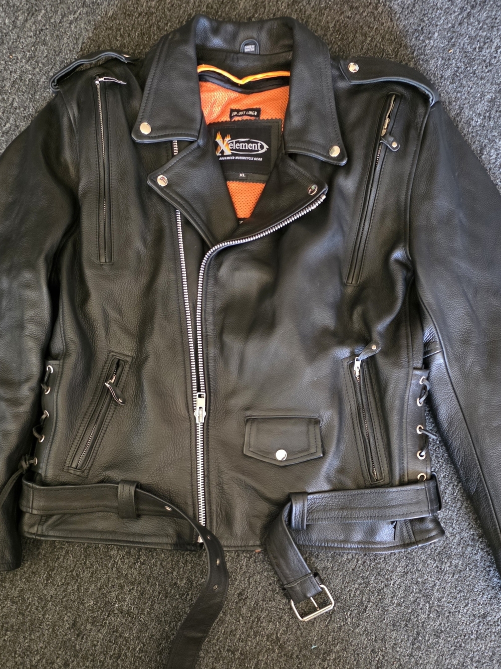 Element Black Leather Biker Jacket with Orange Zip Out Lining